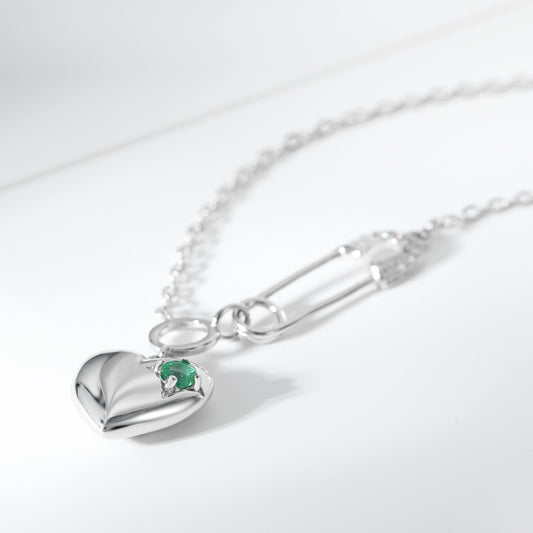 Cool Necklace Women's Fashion S925 Silver Emerald Heart Pendant Paper Clip Curren