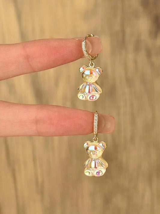 1 Pair Cute Bear Design Rhinestones Decor Dangle Earrings