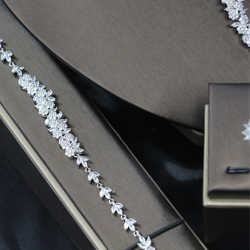 Bridal Wedding Dinner Jewelry Suit Fashion Rose Zircon Necklace Earrings Four-piece Set Curren