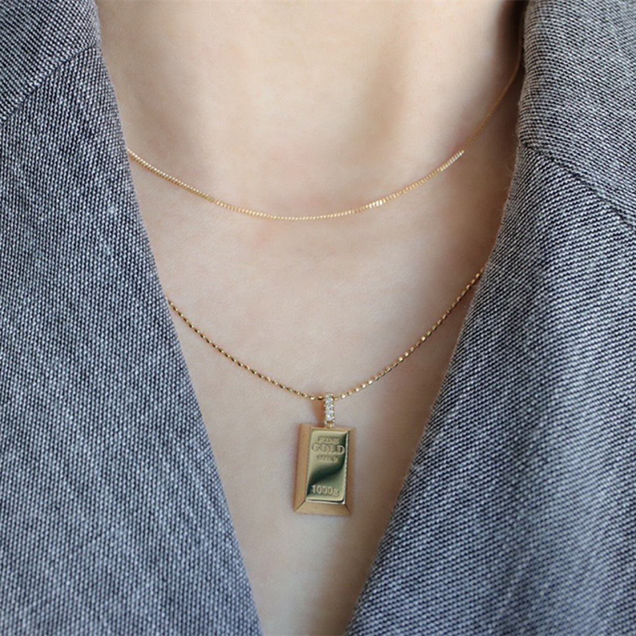 Au750 Gold Gold Bar Natural Diamond Pendant Necklace Curren