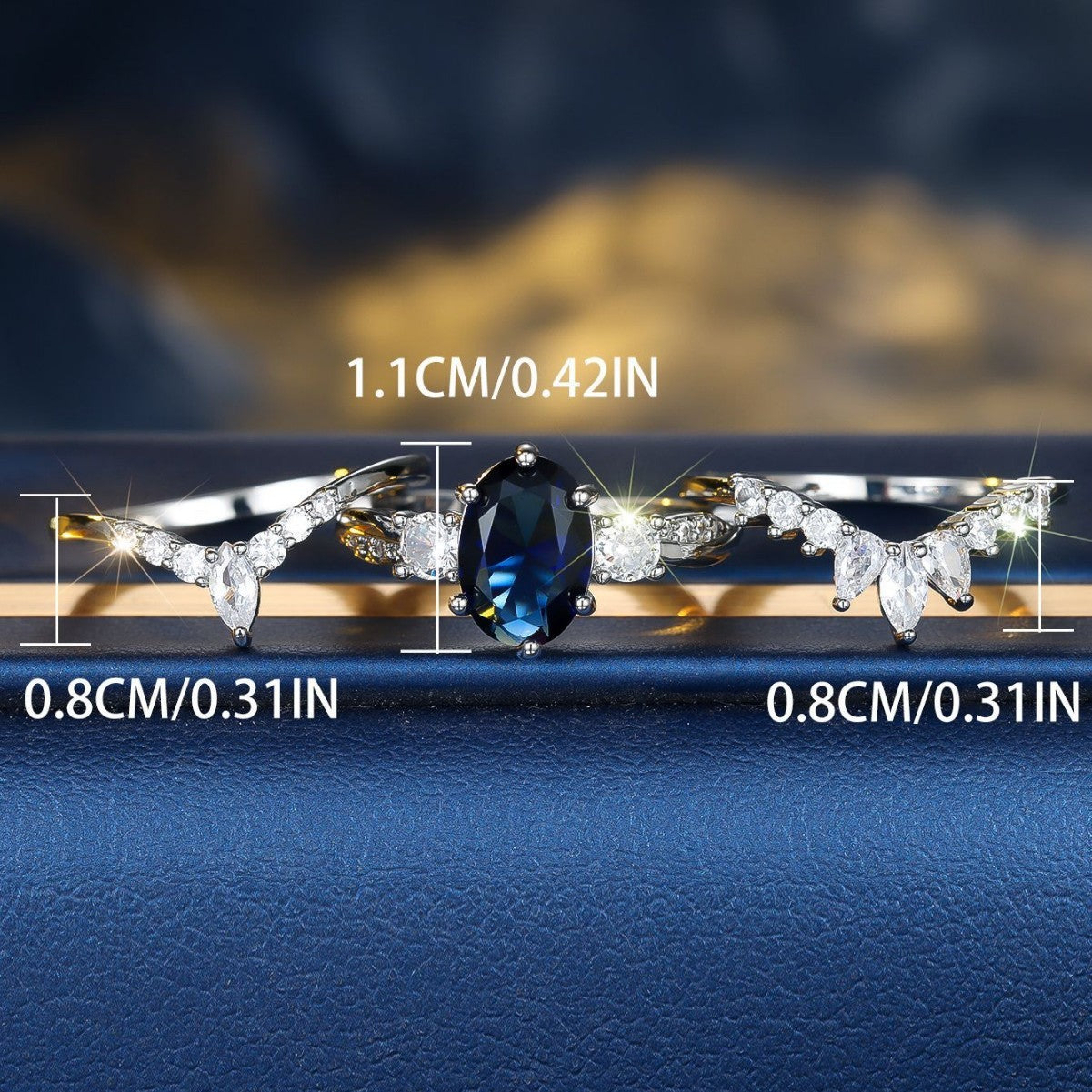 Platinum Egg-shaped Sapphire Blue Diamond Water Drop Shining Three-piece Unique Ring Curren