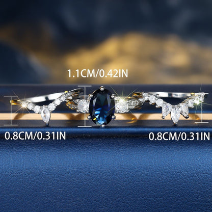 Platinum Egg-shaped Sapphire Blue Diamond Water Drop Shining Three-piece Unique Ring Curren