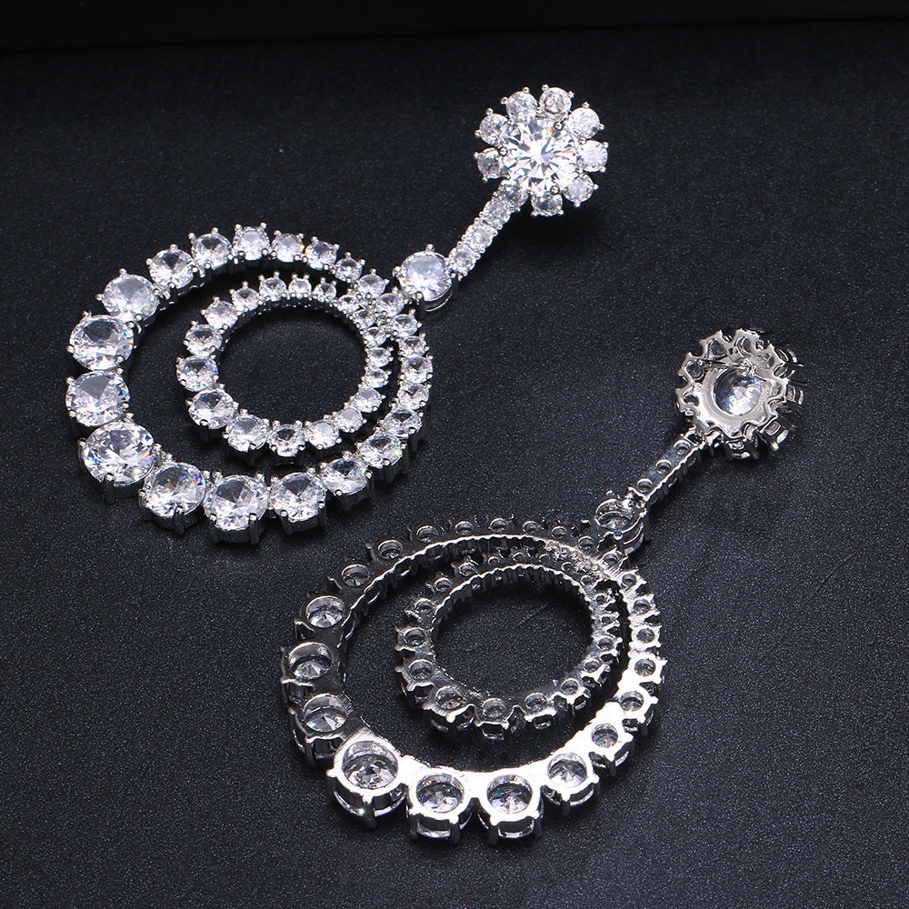 Earrings Large Copper Inlaid Transparent Zircon Round Curren