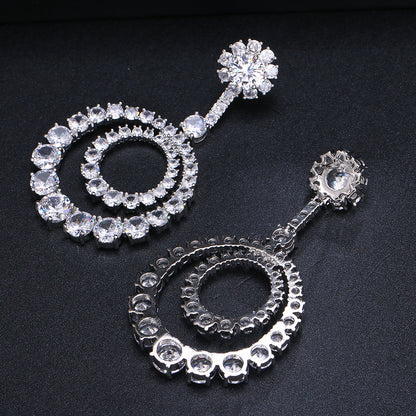 Earrings Large Copper Inlaid Transparent Zircon Round Curren