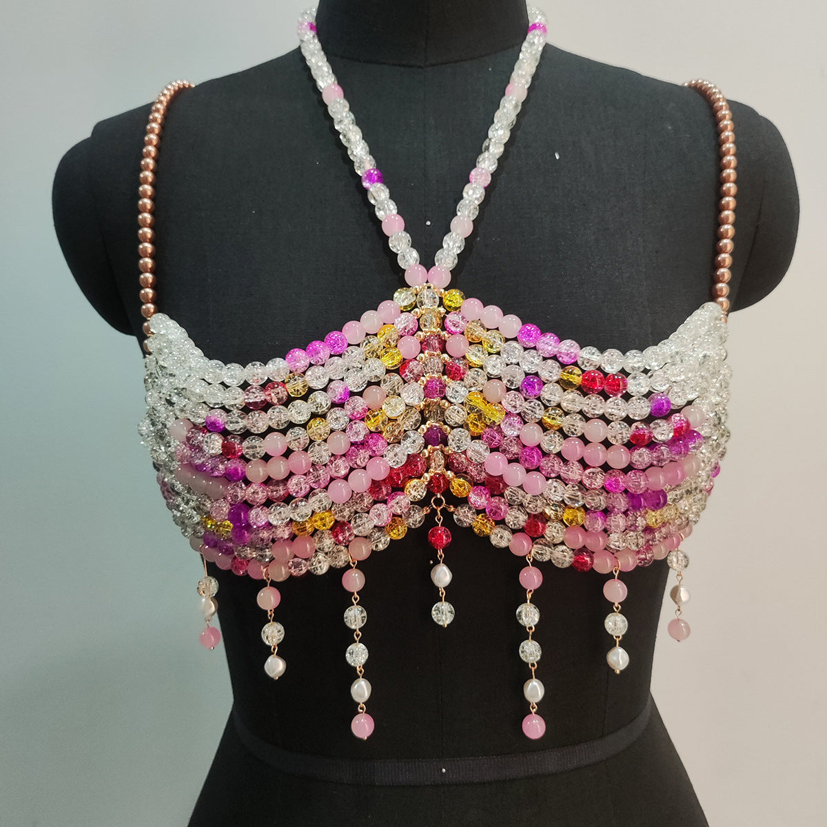Gradient Color Glass Beaded Chest Necklace Heavy Industry Colorful Beads Body Chains Curren