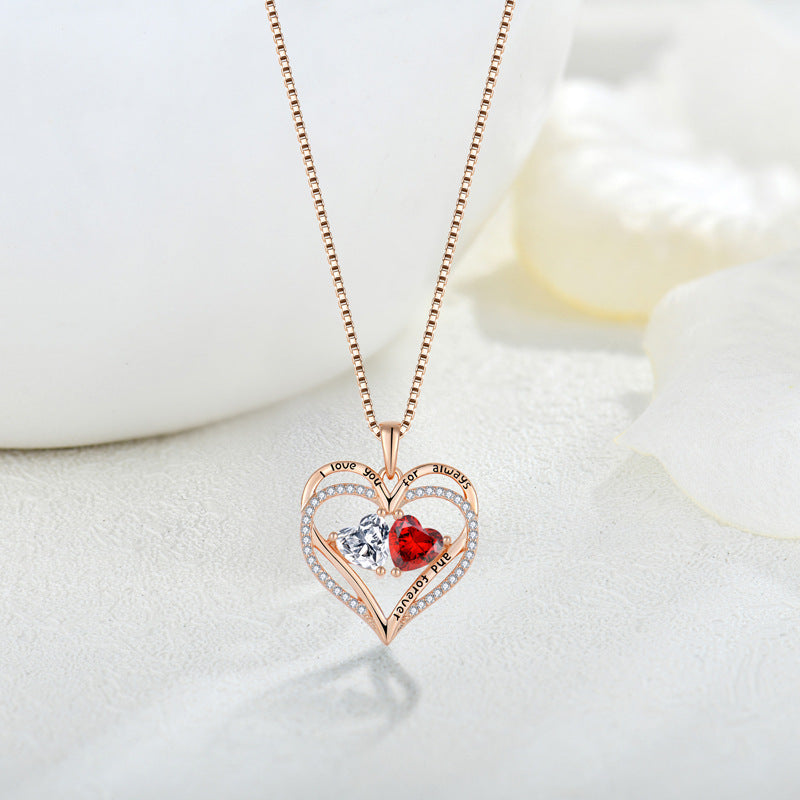 S925 Silver Double Love Necklace With Rhinestones Fashion Personality Heart-shaped Necklace Curren