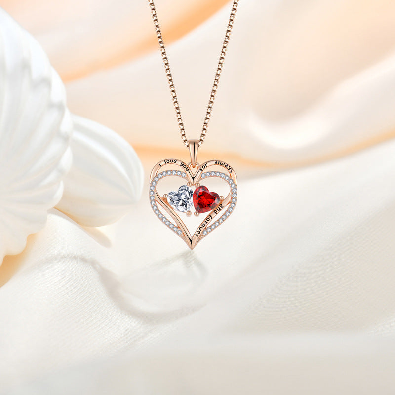 S925 Silver Double Love Necklace With Rhinestones Fashion Personality Heart-shaped Necklace Curren