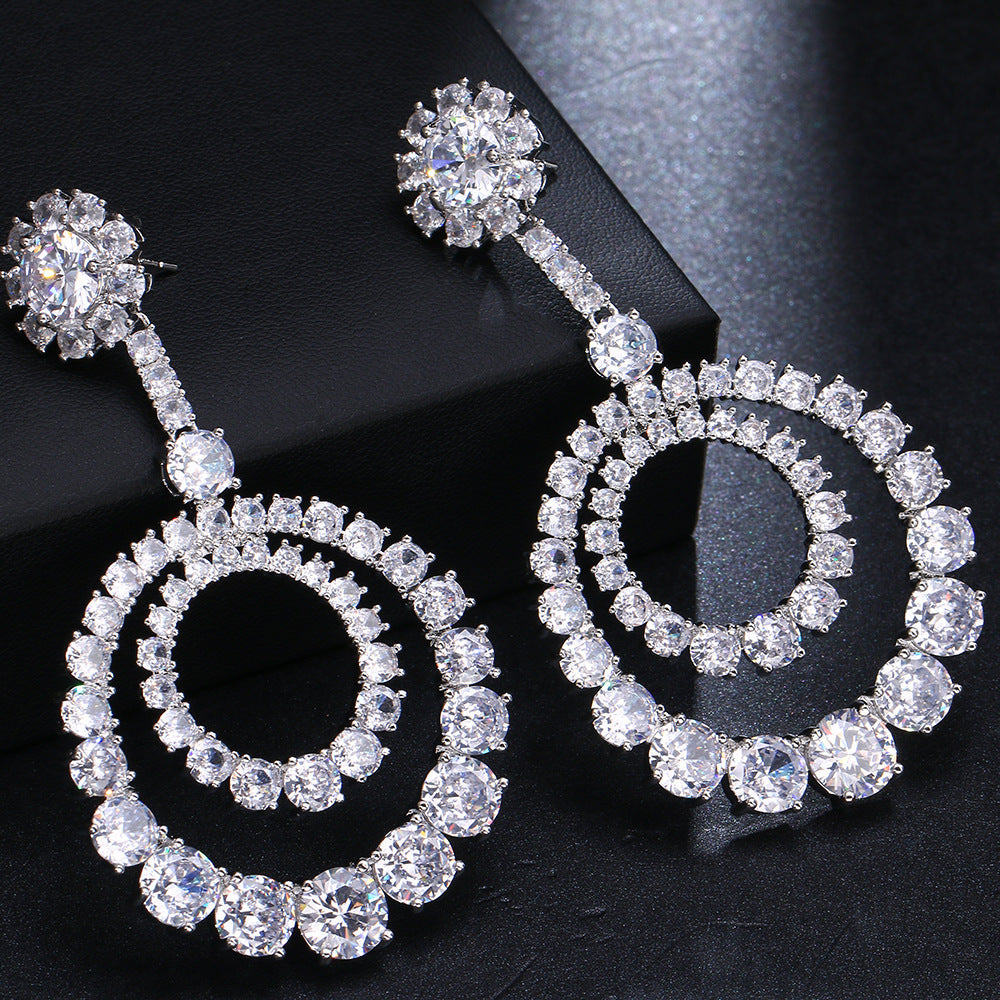 Earrings Large Copper Inlaid Transparent Zircon Round Curren