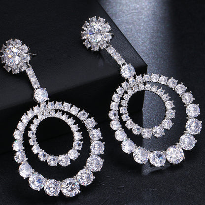 Earrings Large Copper Inlaid Transparent Zircon Round Curren