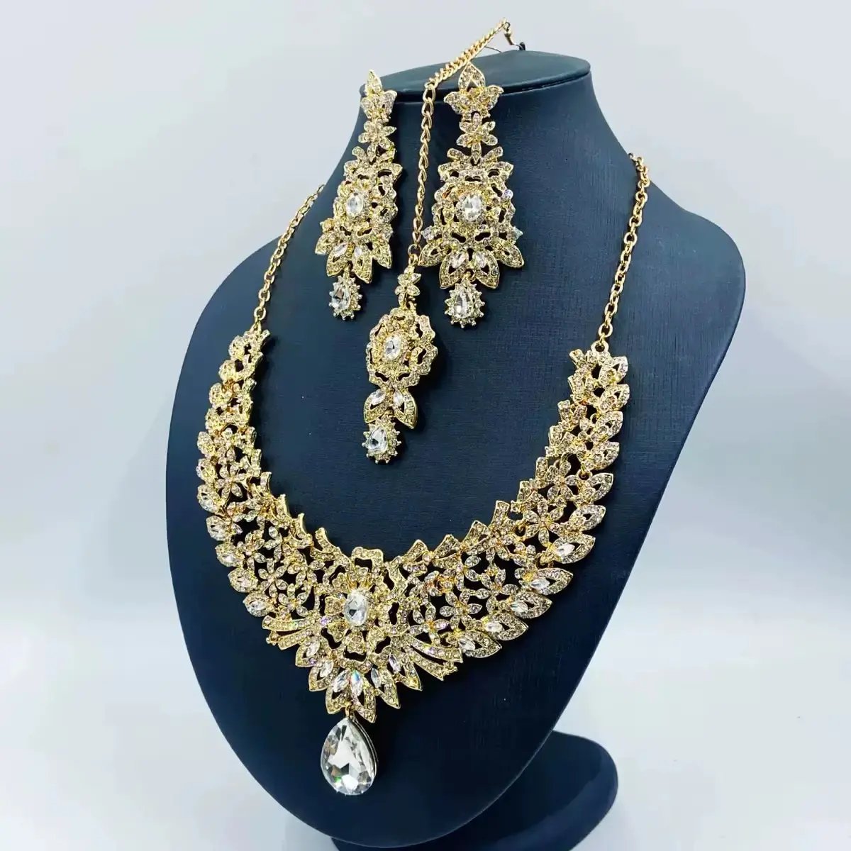 C30 Wedding Forehead Chain Necklace Earrings Set Dubai Jewelery 