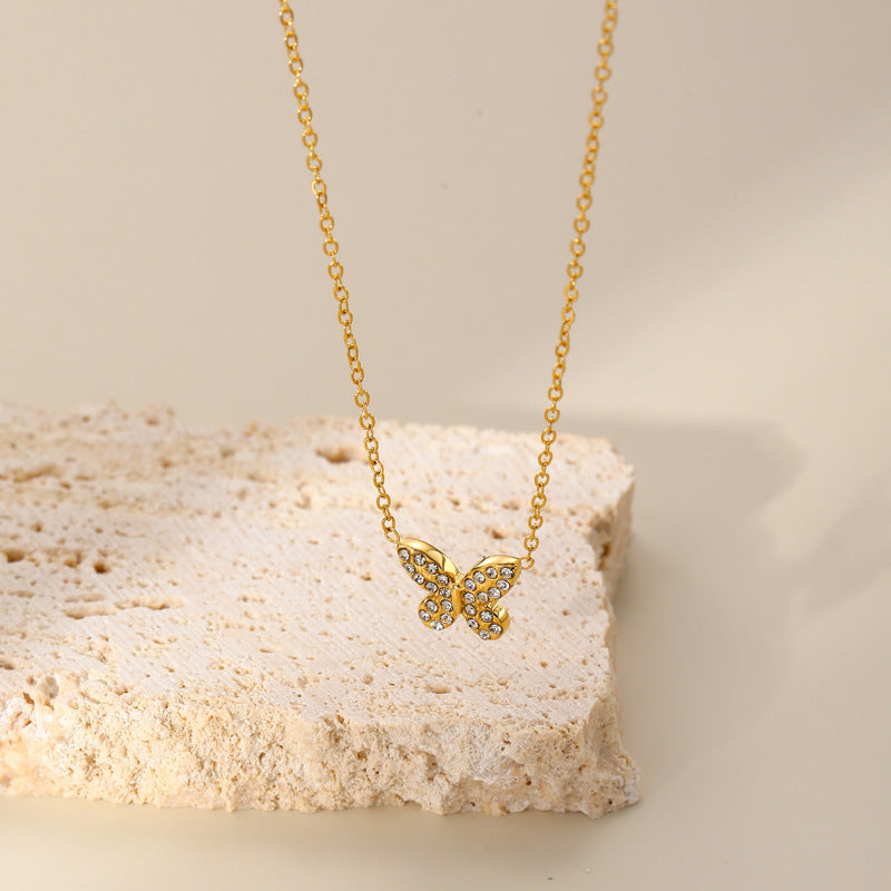 Butterfly Titanium Steel Full Diamond Exquisite Small And Versatile Simple Necklace Curren