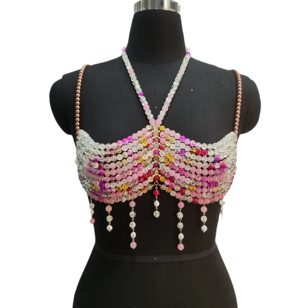 Gradient Color Glass Beaded Chest Necklace Heavy Industry Colorful Beads Body Chains Curren
