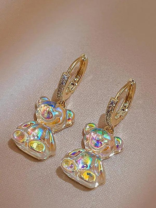 1 Pair Cute Bear Design Rhinestones Decor Dangle Earrings