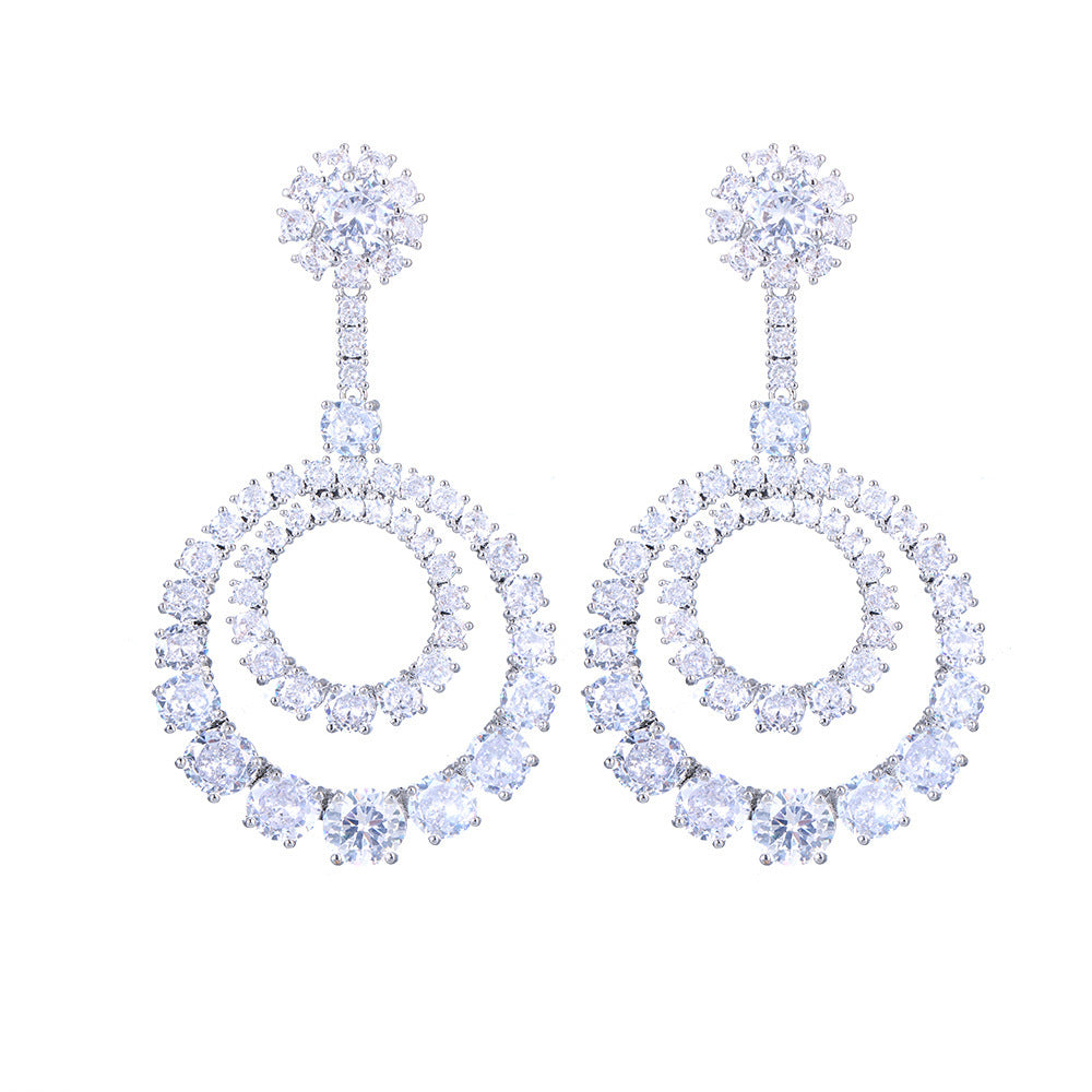 Earrings Large Copper Inlaid Transparent Zircon Round Curren