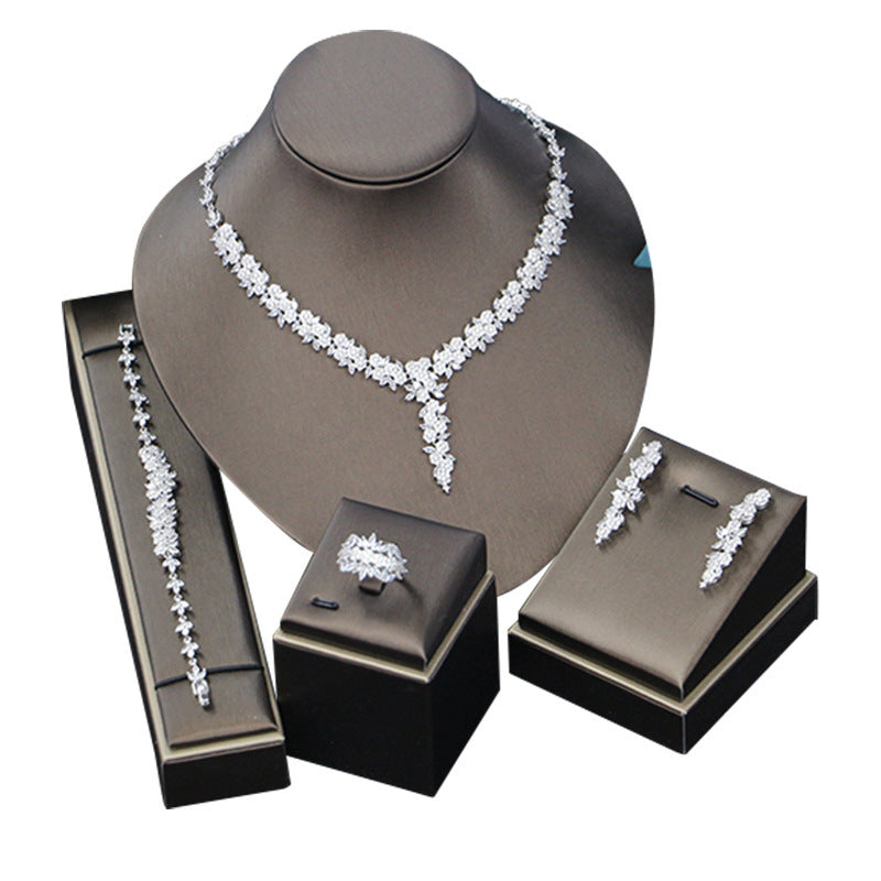 Bridal Wedding Dinner Jewelry Suit Fashion Rose Zircon Necklace Earrings Four-piece Set Curren