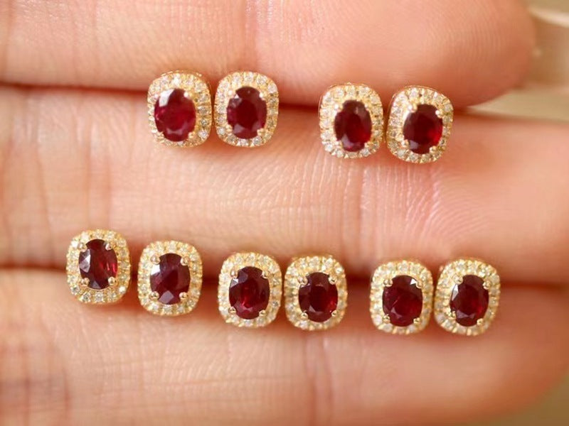 Real Gold Natural Ruby Diamond Stud Earrings Pigeon Blood Red Color Curren