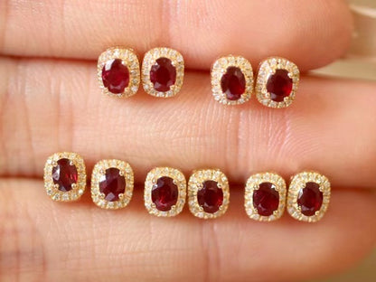 Real Gold Natural Ruby Diamond Stud Earrings Pigeon Blood Red Color Curren