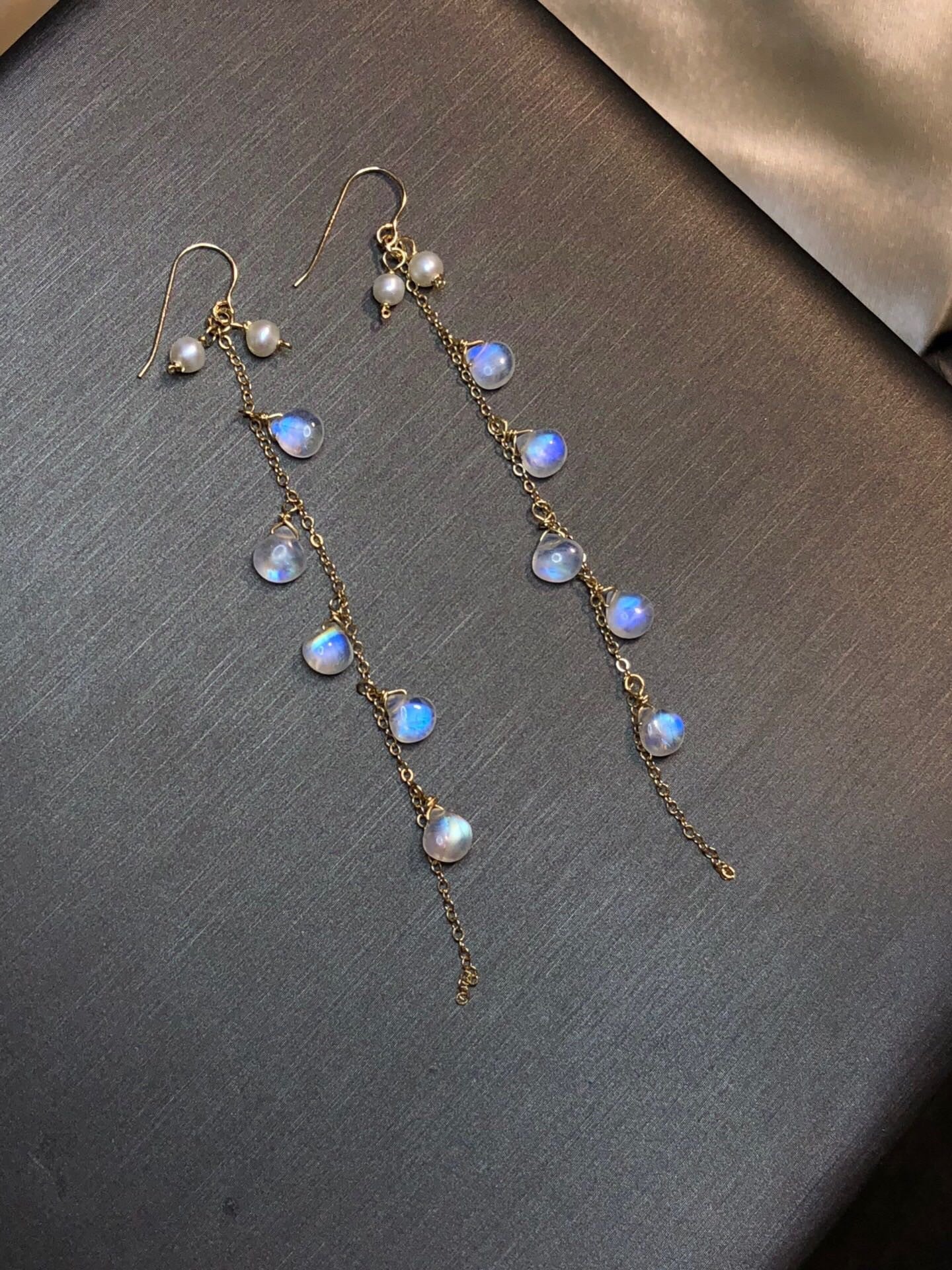 Moonlight Stone Wrapped Vintage Tassel 14k Earrings Curren