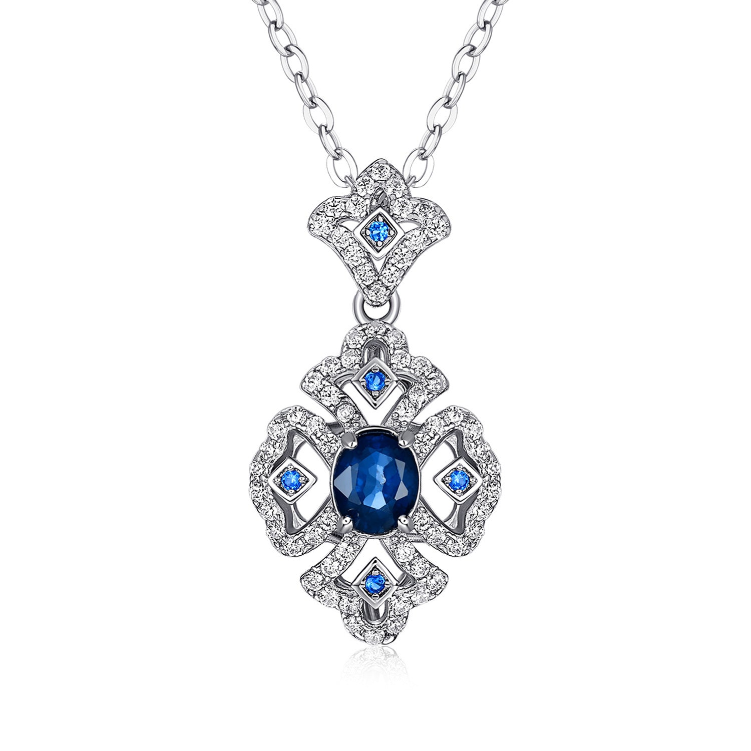 S925 Silver Retro Pattern Necklace Women's Versatile Natural Sapphire Pendant Curren