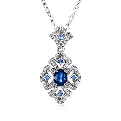 S925 Silver Retro Pattern Necklace Women's Versatile Natural Sapphire Pendant Curren