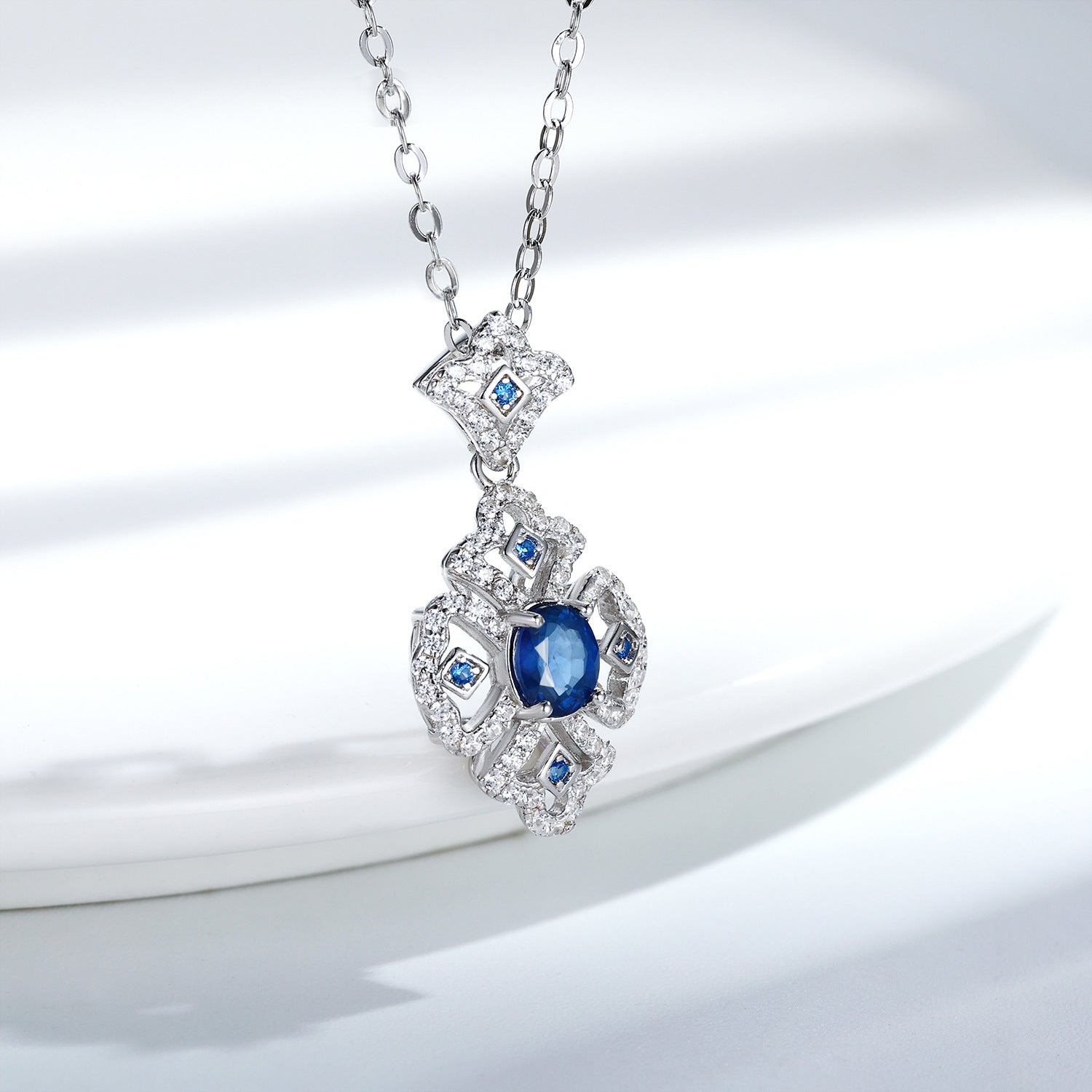 S925 Silver Retro Pattern Necklace Women's Versatile Natural Sapphire Pendant Curren