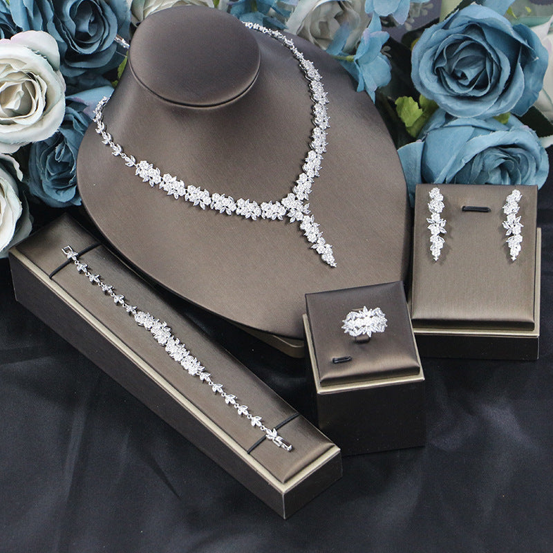 Bridal Wedding Dinner Jewelry Suit Fashion Rose Zircon Necklace Earrings Four-piece Set Curren