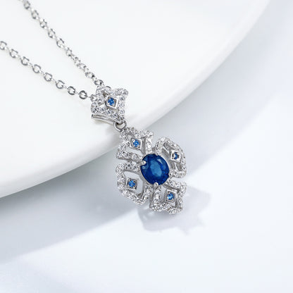 S925 Silver Retro Pattern Necklace Women's Versatile Natural Sapphire Pendant Curren