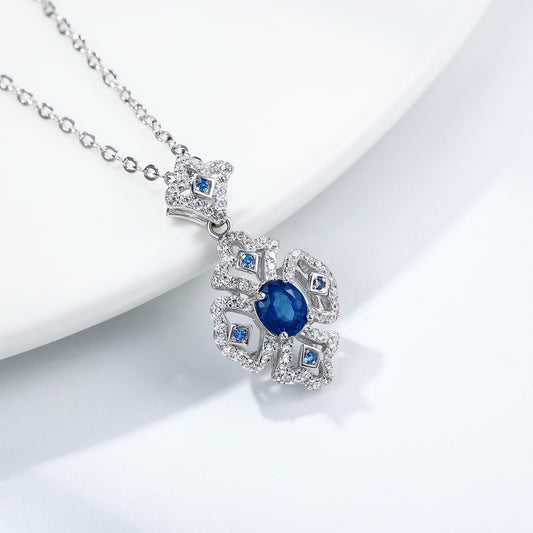 S925 Silver Retro Pattern Necklace Women's Versatile Natural Sapphire Pendant Curren