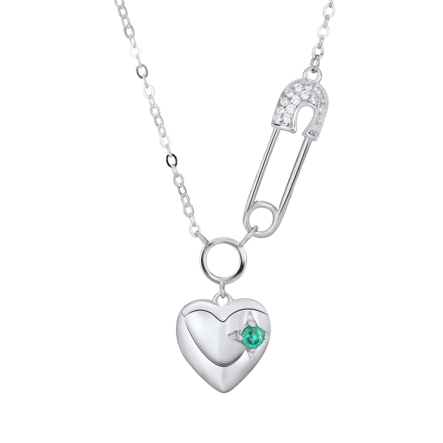 Cool Necklace Women's Fashion S925 Silver Emerald Heart Pendant Paper Clip Curren