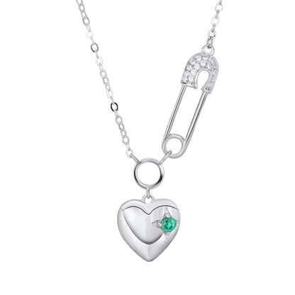 Cool Necklace Women's Fashion S925 Silver Emerald Heart Pendant Paper Clip Curren