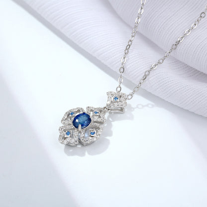 S925 Silver Retro Pattern Necklace Women's Versatile Natural Sapphire Pendant Curren